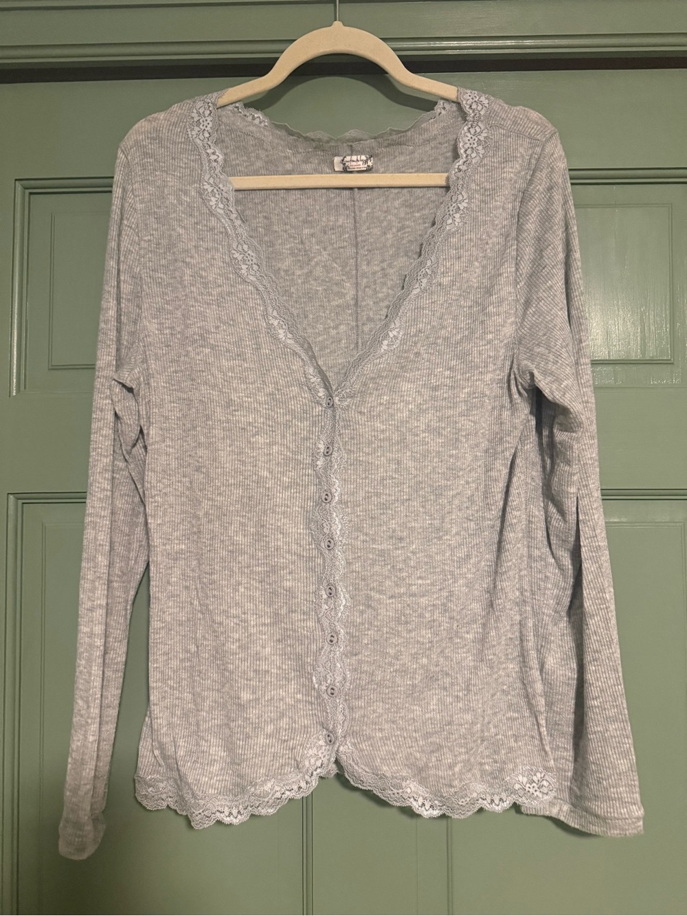 Free People Heather Gray Ribbed Lace-Trim Button Long Sleeve Top